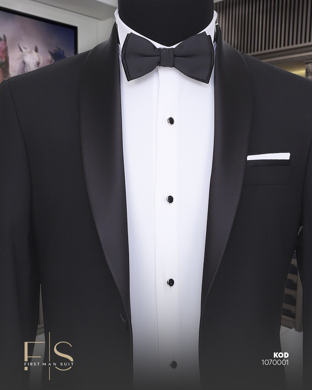 Bow Tie with Sash Fixed Shawl Collar Wool Tuxedo - Görsel 2