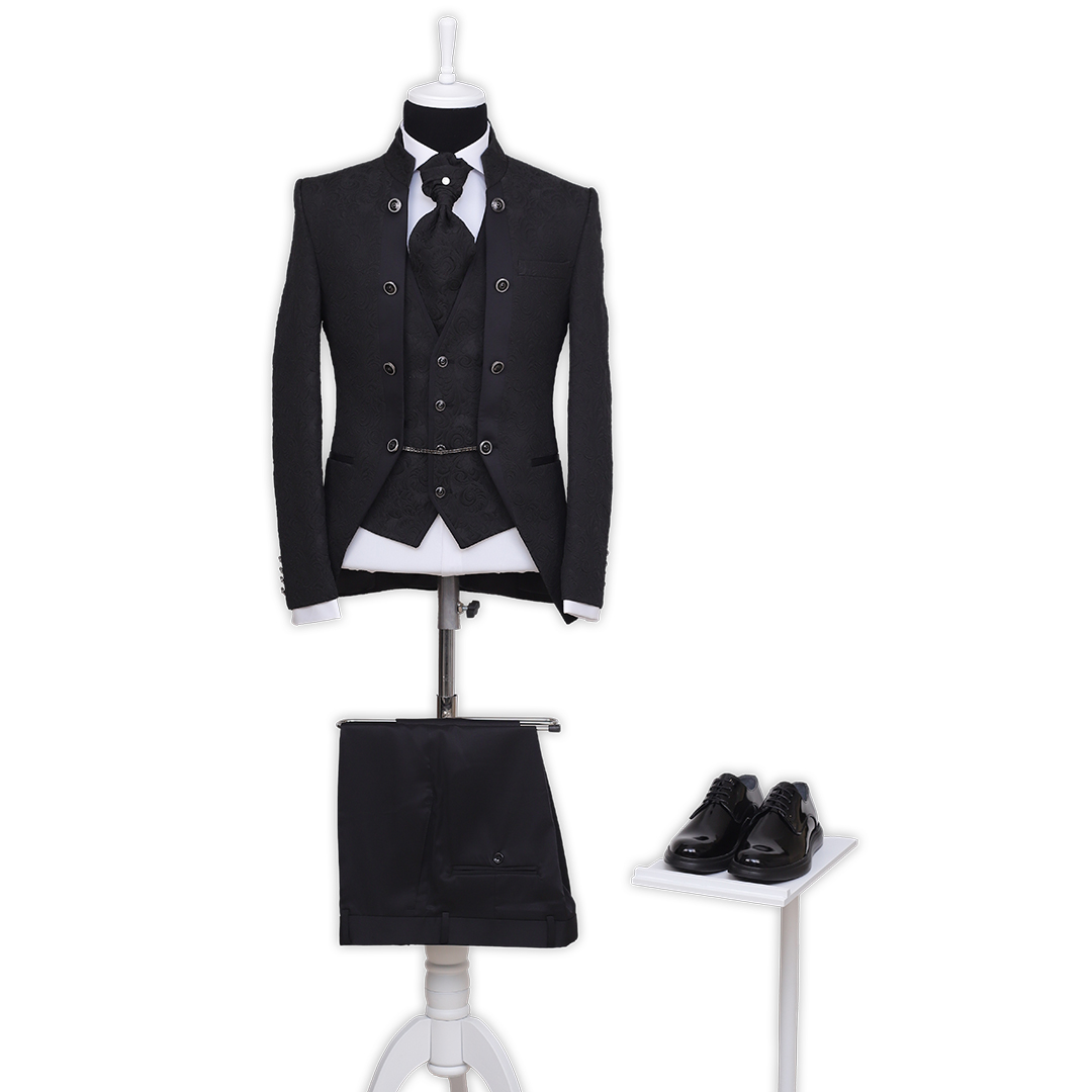 Mandarin Collar Vakko Fabric Jacquard Trimmed Groom Suit